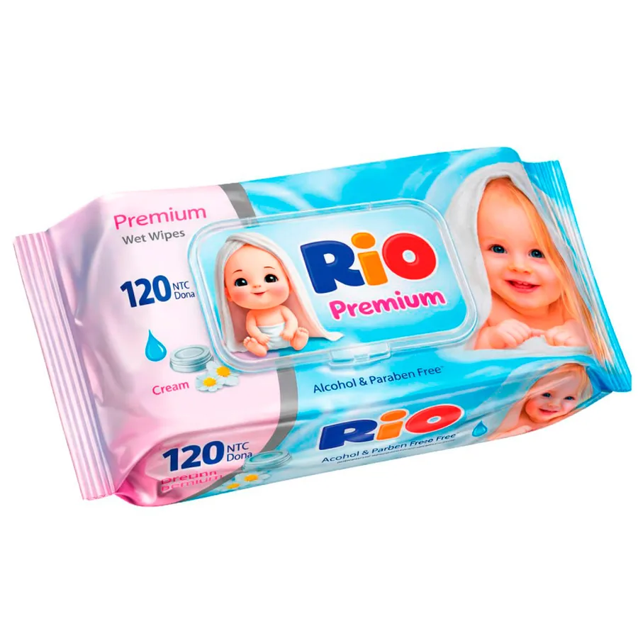 Детские влажные салфетки RIO Premium с кремом 120 шт — оптом на salfetki.kz