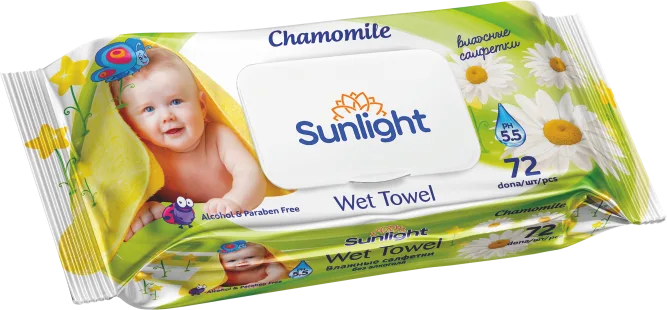 Детские влажные салфетки SUNLIGHT Chamomile 72 шт — оптом на salfetki.kz