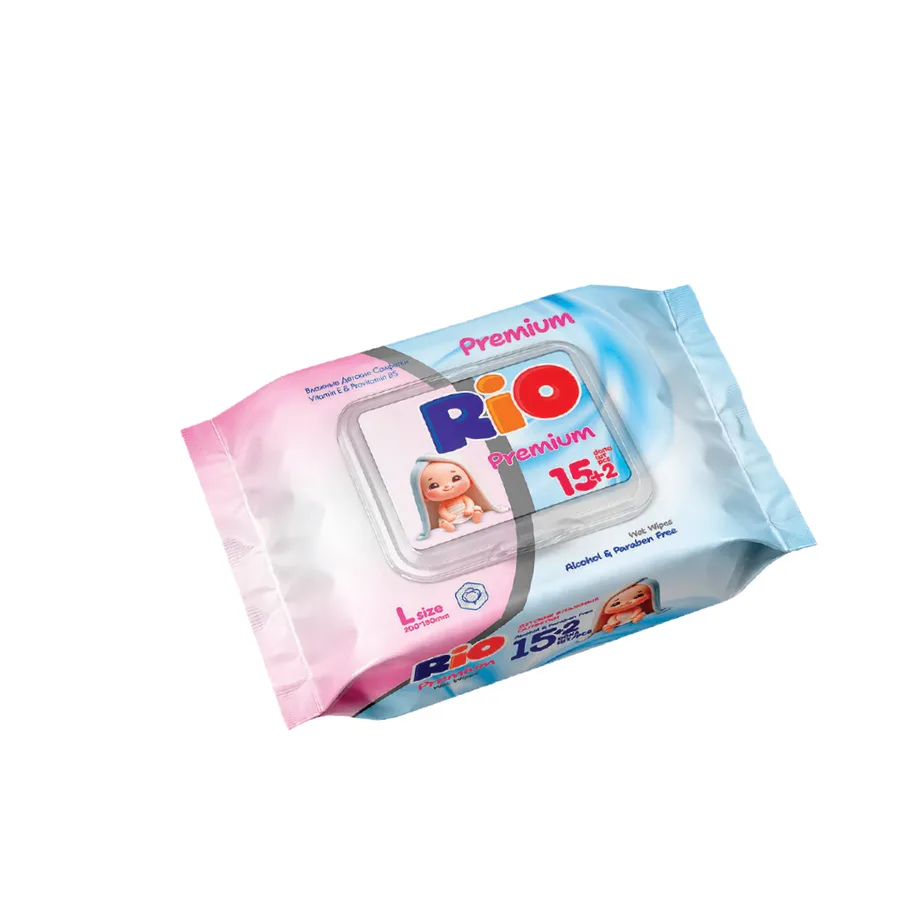 Влажные салфетки RIO XL Baby Premium с кремом 17шт — оптом на salfetki.kz